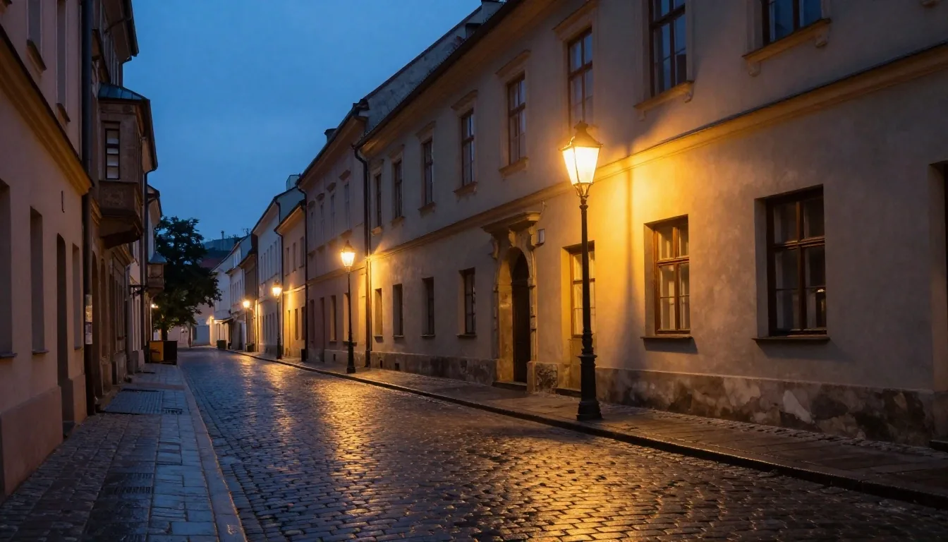 Ulica o zmierzchu z ciepłym światłem latarni